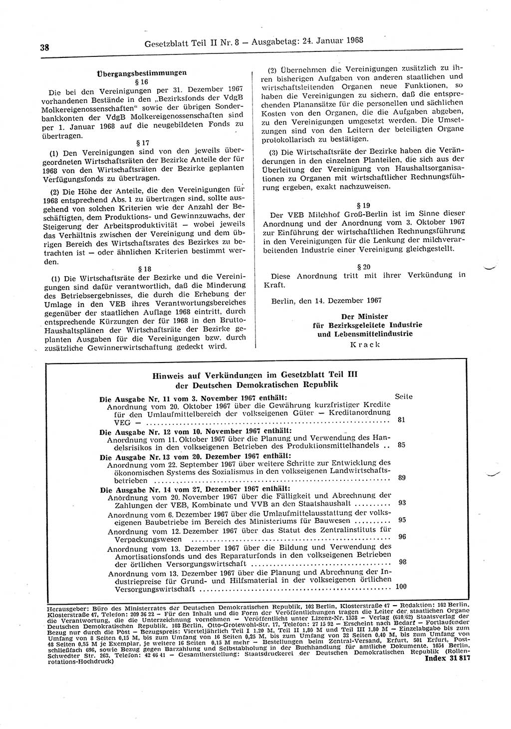 Gesetzblatt (GBl.) der Deutschen Demokratischen Republik (DDR) Teil ⅠⅠ 1968, Seite 38 (GBl. DDR ⅠⅠ 1968, S. 38)