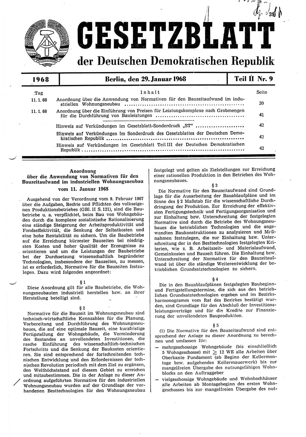 Gesetzblatt (GBl.) der Deutschen Demokratischen Republik (DDR) Teil ⅠⅠ 1968, Seite 39 (GBl. DDR ⅠⅠ 1968, S. 39)