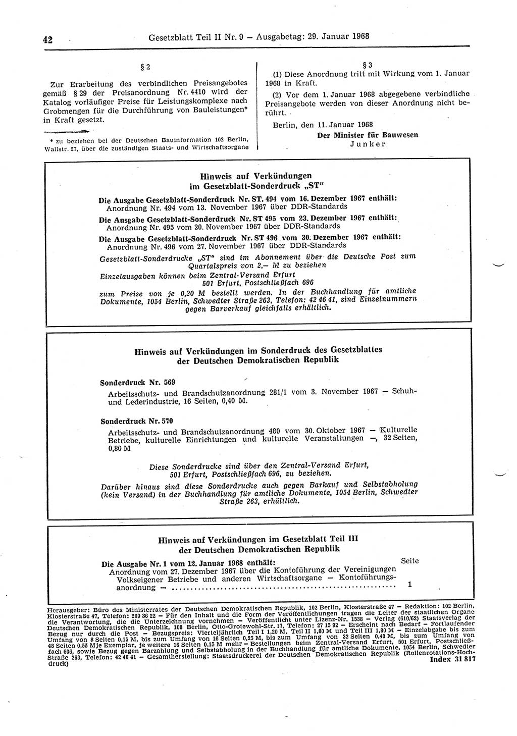 Gesetzblatt (GBl.) der Deutschen Demokratischen Republik (DDR) Teil ⅠⅠ 1968, Seite 42 (GBl. DDR ⅠⅠ 1968, S. 42)