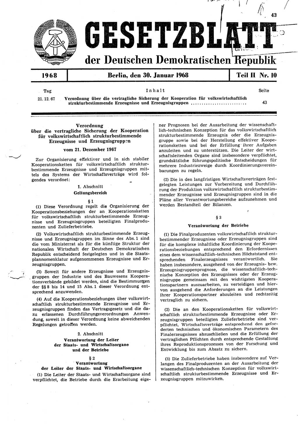 Gesetzblatt (GBl.) der Deutschen Demokratischen Republik (DDR) Teil ⅠⅠ 1968, Seite 43 (GBl. DDR ⅠⅠ 1968, S. 43)