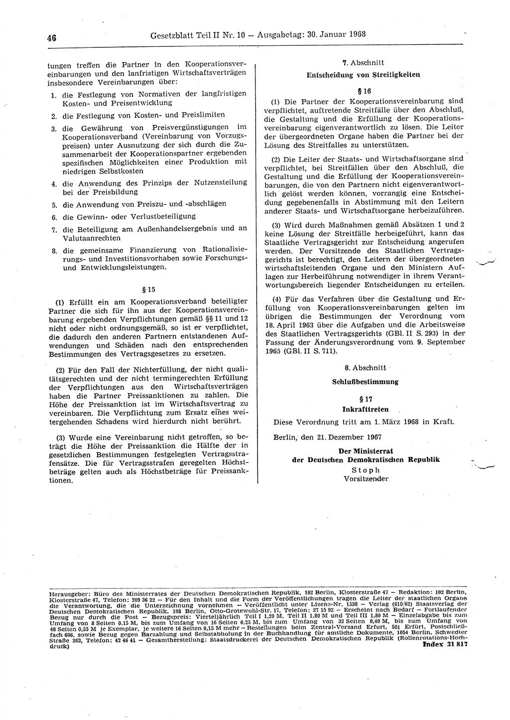 Gesetzblatt (GBl.) der Deutschen Demokratischen Republik (DDR) Teil ⅠⅠ 1968, Seite 46 (GBl. DDR ⅠⅠ 1968, S. 46)