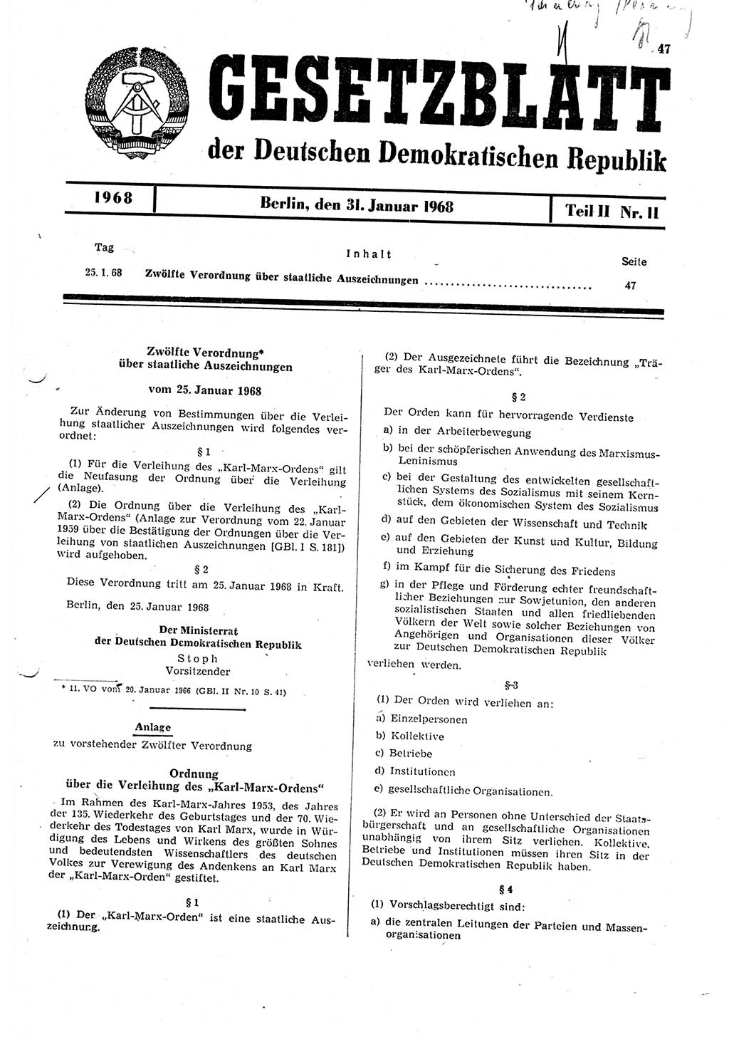 Gesetzblatt (GBl.) der Deutschen Demokratischen Republik (DDR) Teil ⅠⅠ 1968, Seite 47 (GBl. DDR ⅠⅠ 1968, S. 47)