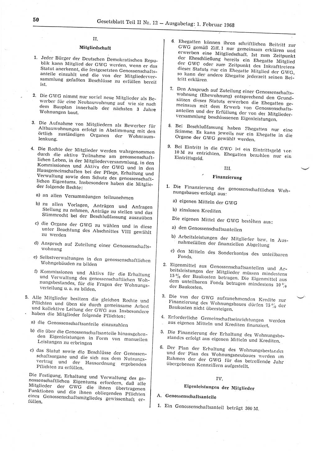 Gesetzblatt (GBl.) der Deutschen Demokratischen Republik (DDR) Teil ⅠⅠ 1968, Seite 50 (GBl. DDR ⅠⅠ 1968, S. 50)