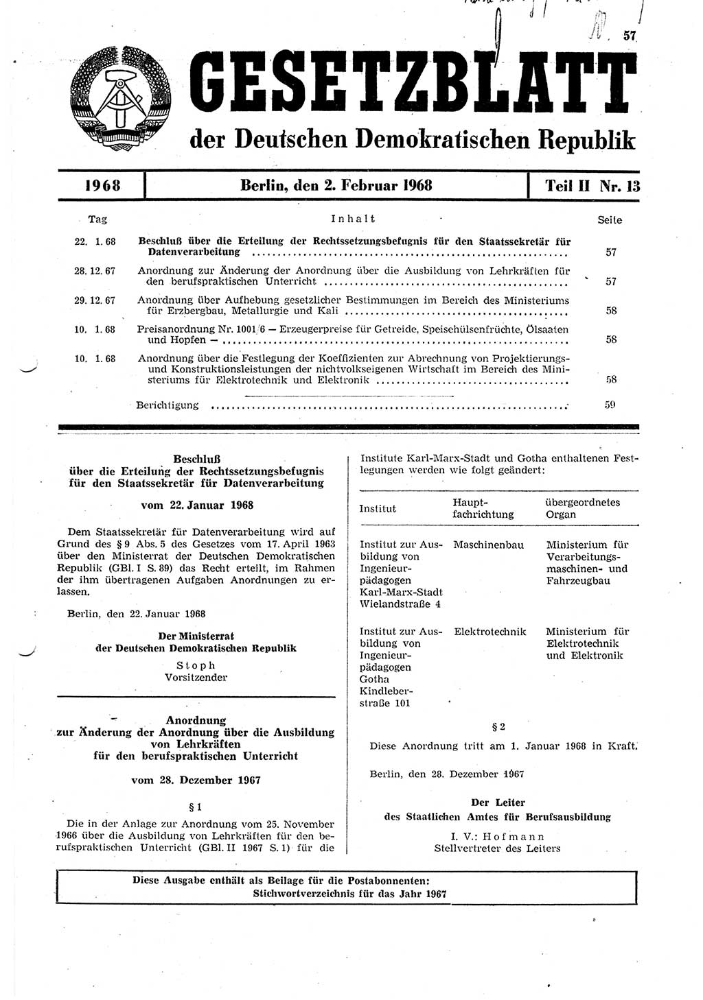 Gesetzblatt (GBl.) der Deutschen Demokratischen Republik (DDR) Teil ⅠⅠ 1968, Seite 57 (GBl. DDR ⅠⅠ 1968, S. 57)