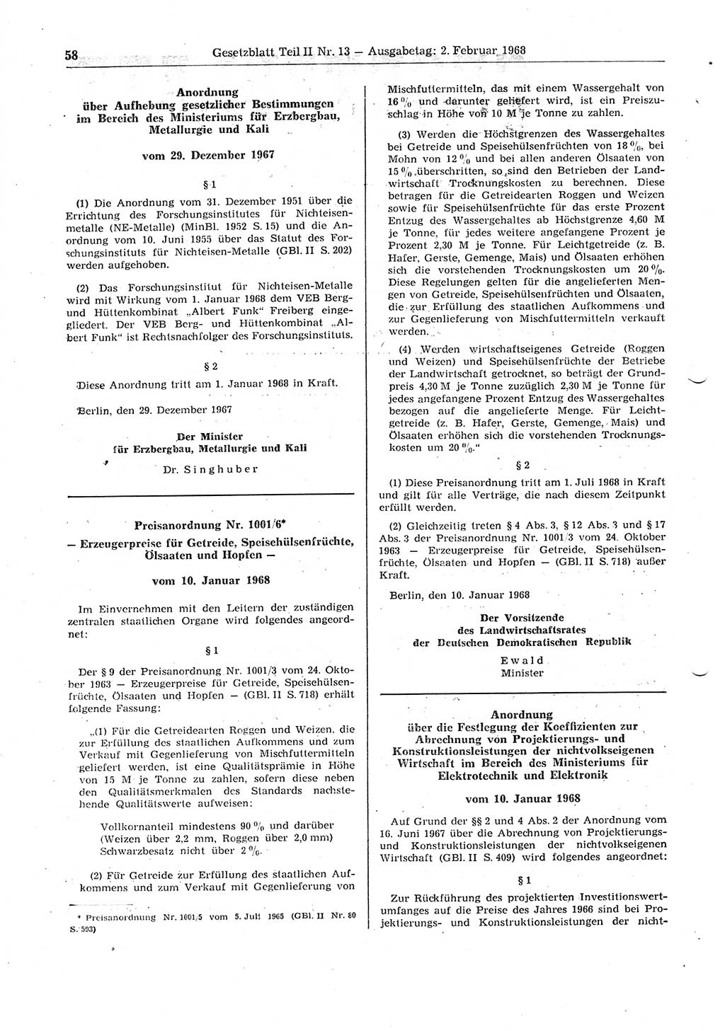 Gesetzblatt (GBl.) der Deutschen Demokratischen Republik (DDR) Teil ⅠⅠ 1968, Seite 58 (GBl. DDR ⅠⅠ 1968, S. 58)