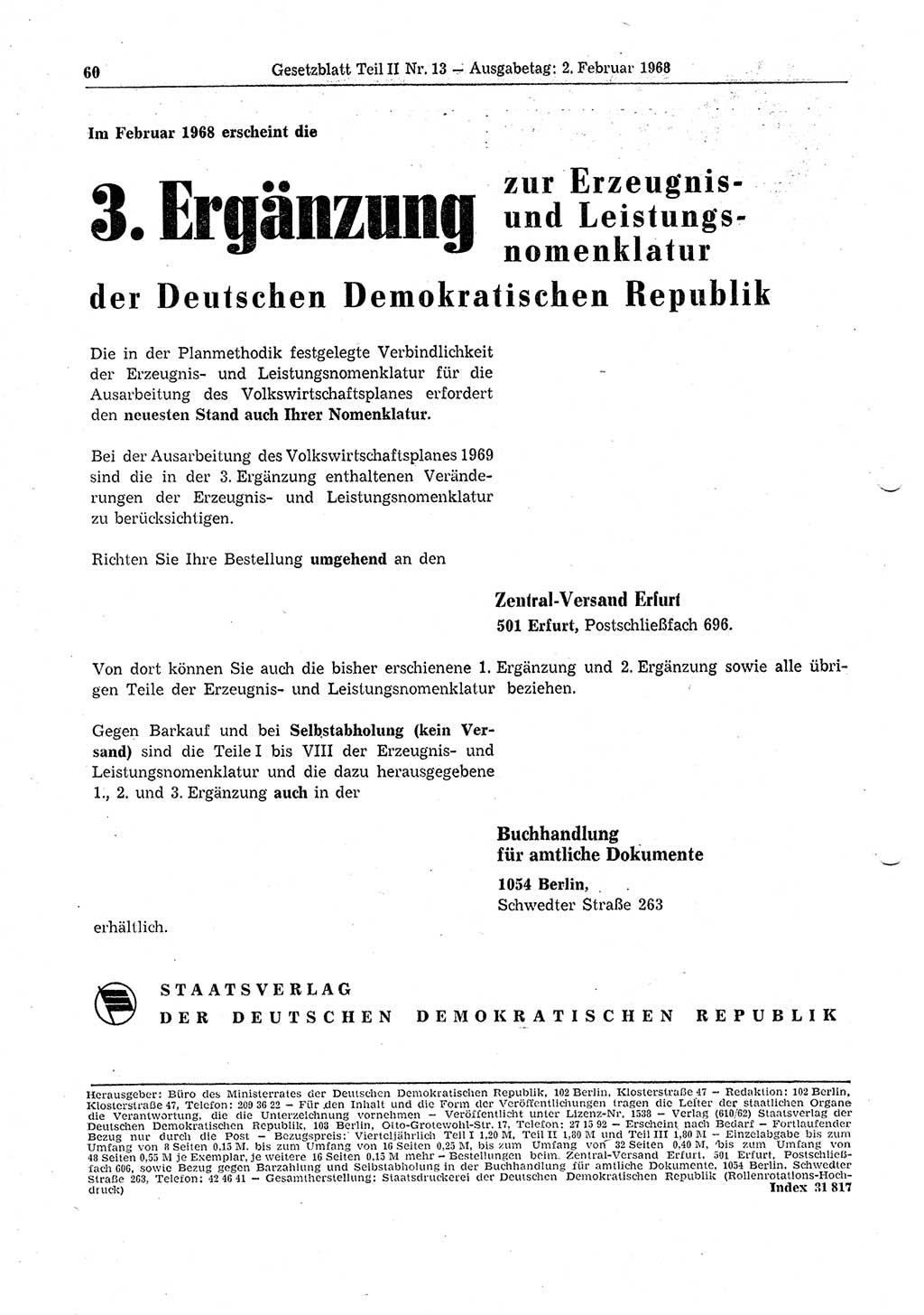 Gesetzblatt (GBl.) der Deutschen Demokratischen Republik (DDR) Teil ⅠⅠ 1968, Seite 60 (GBl. DDR ⅠⅠ 1968, S. 60)