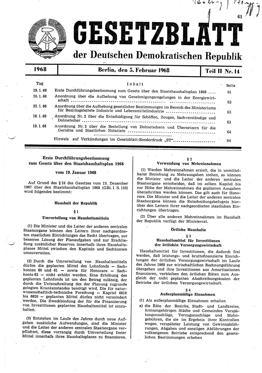 Gesetzblatt (GBl.) der Deutschen Demokratischen Republik (DDR) Teil ⅠⅠ 1968, Seite 61 (GBl. DDR ⅠⅠ 1968, S. 61)