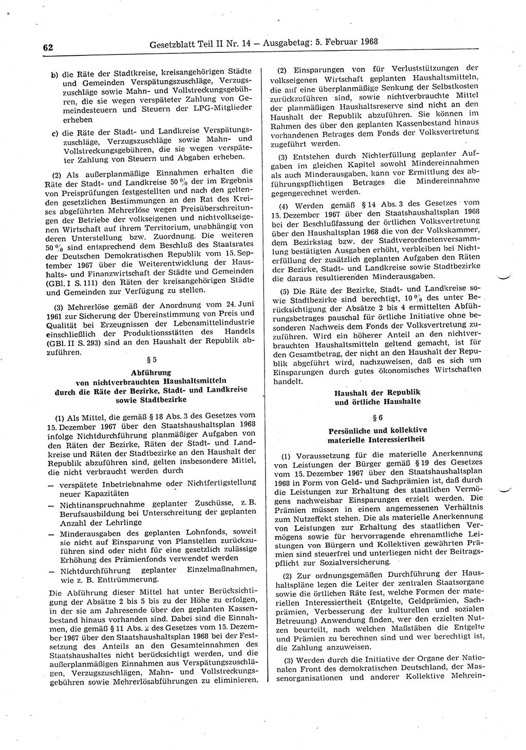 Gesetzblatt (GBl.) der Deutschen Demokratischen Republik (DDR) Teil ⅠⅠ 1968, Seite 62 (GBl. DDR ⅠⅠ 1968, S. 62)