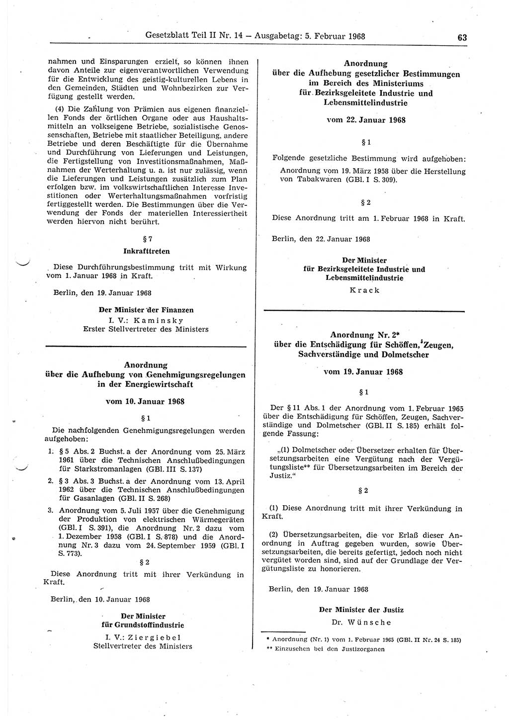 Gesetzblatt (GBl.) der Deutschen Demokratischen Republik (DDR) Teil ⅠⅠ 1968, Seite 63 (GBl. DDR ⅠⅠ 1968, S. 63)