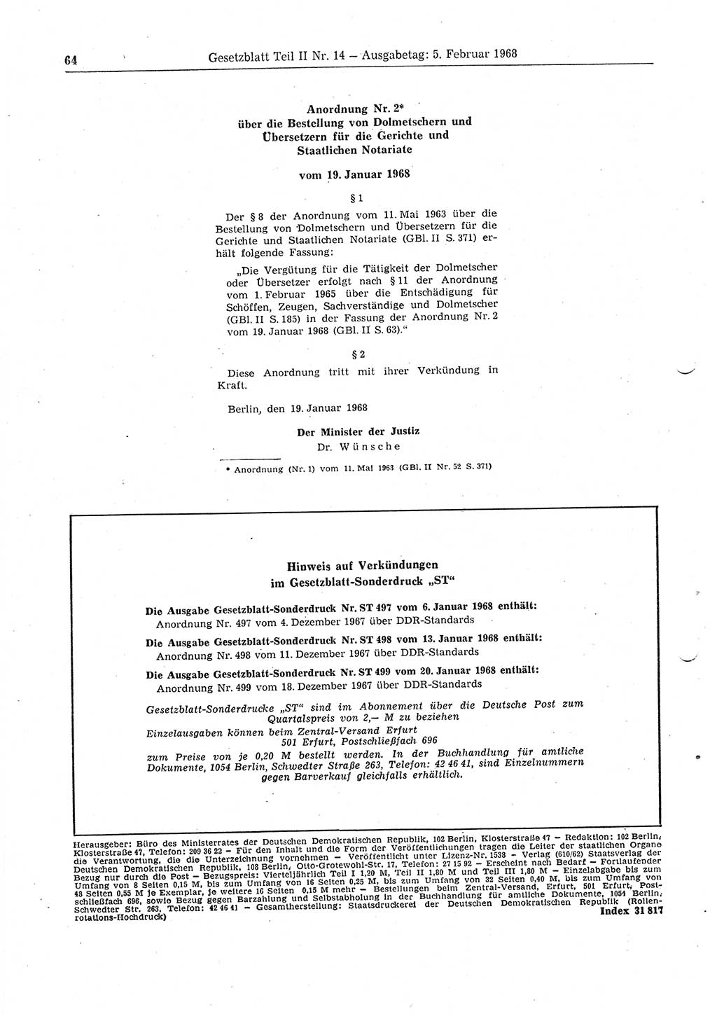 Gesetzblatt (GBl.) der Deutschen Demokratischen Republik (DDR) Teil ⅠⅠ 1968, Seite 64 (GBl. DDR ⅠⅠ 1968, S. 64)