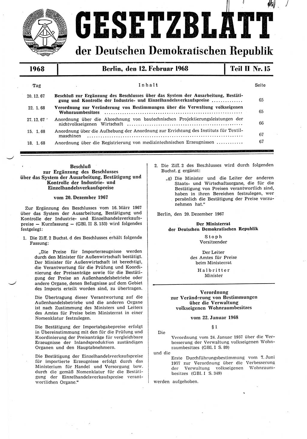 Gesetzblatt (GBl.) der Deutschen Demokratischen Republik (DDR) Teil ⅠⅠ 1968, Seite 65 (GBl. DDR ⅠⅠ 1968, S. 65)
