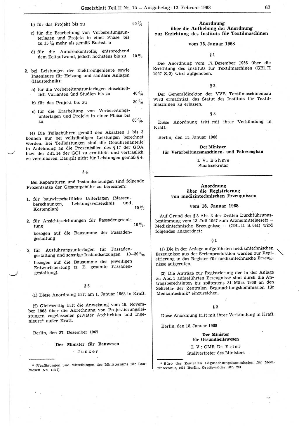 Gesetzblatt (GBl.) der Deutschen Demokratischen Republik (DDR) Teil ⅠⅠ 1968, Seite 67 (GBl. DDR ⅠⅠ 1968, S. 67)