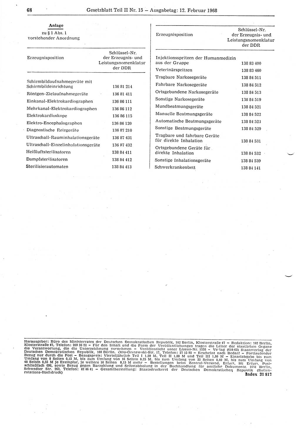 Gesetzblatt (GBl.) der Deutschen Demokratischen Republik (DDR) Teil ⅠⅠ 1968, Seite 68 (GBl. DDR ⅠⅠ 1968, S. 68)