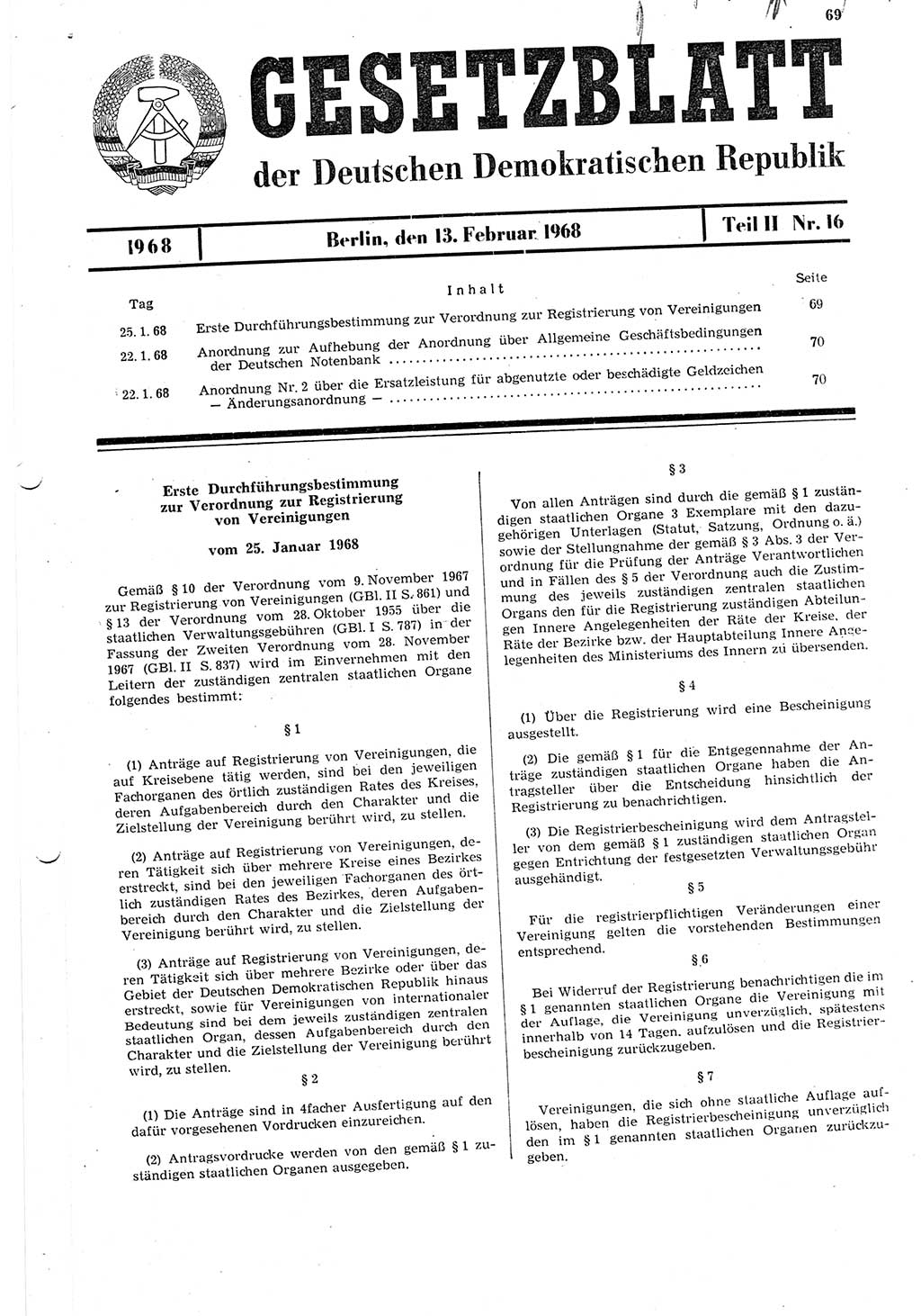 Gesetzblatt (GBl.) der Deutschen Demokratischen Republik (DDR) Teil ⅠⅠ 1968, Seite 69 (GBl. DDR ⅠⅠ 1968, S. 69)