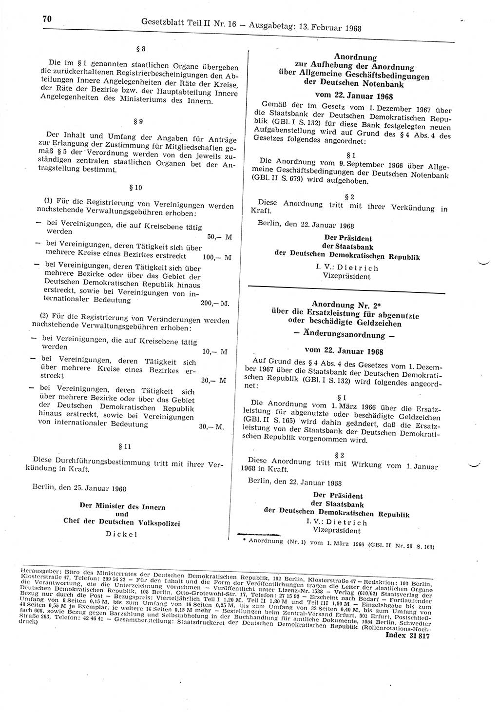Gesetzblatt (GBl.) der Deutschen Demokratischen Republik (DDR) Teil ⅠⅠ 1968, Seite 70 (GBl. DDR ⅠⅠ 1968, S. 70)