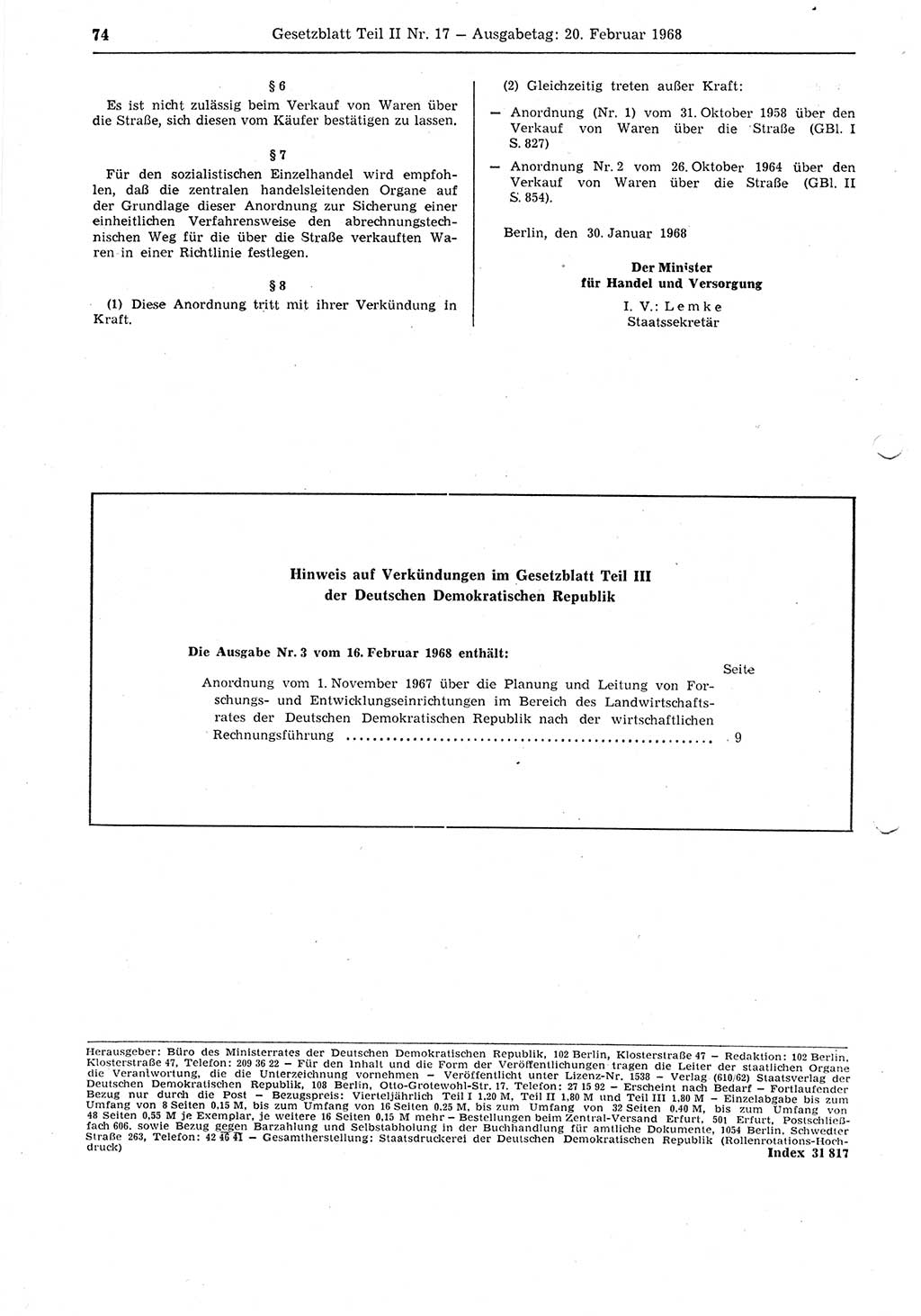 Gesetzblatt (GBl.) der Deutschen Demokratischen Republik (DDR) Teil ⅠⅠ 1968, Seite 74 (GBl. DDR ⅠⅠ 1968, S. 74)