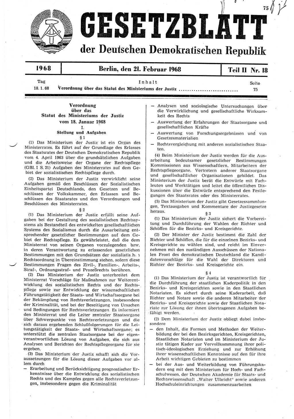 Gesetzblatt (GBl.) der Deutschen Demokratischen Republik (DDR) Teil ⅠⅠ 1968, Seite 75 (GBl. DDR ⅠⅠ 1968, S. 75)