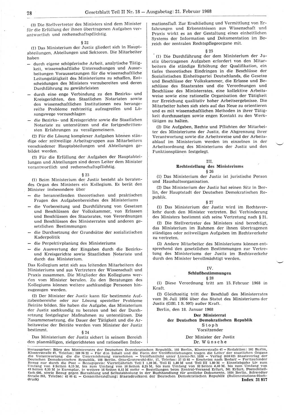 Gesetzblatt (GBl.) der Deutschen Demokratischen Republik (DDR) Teil ⅠⅠ 1968, Seite 78 (GBl. DDR ⅠⅠ 1968, S. 78)