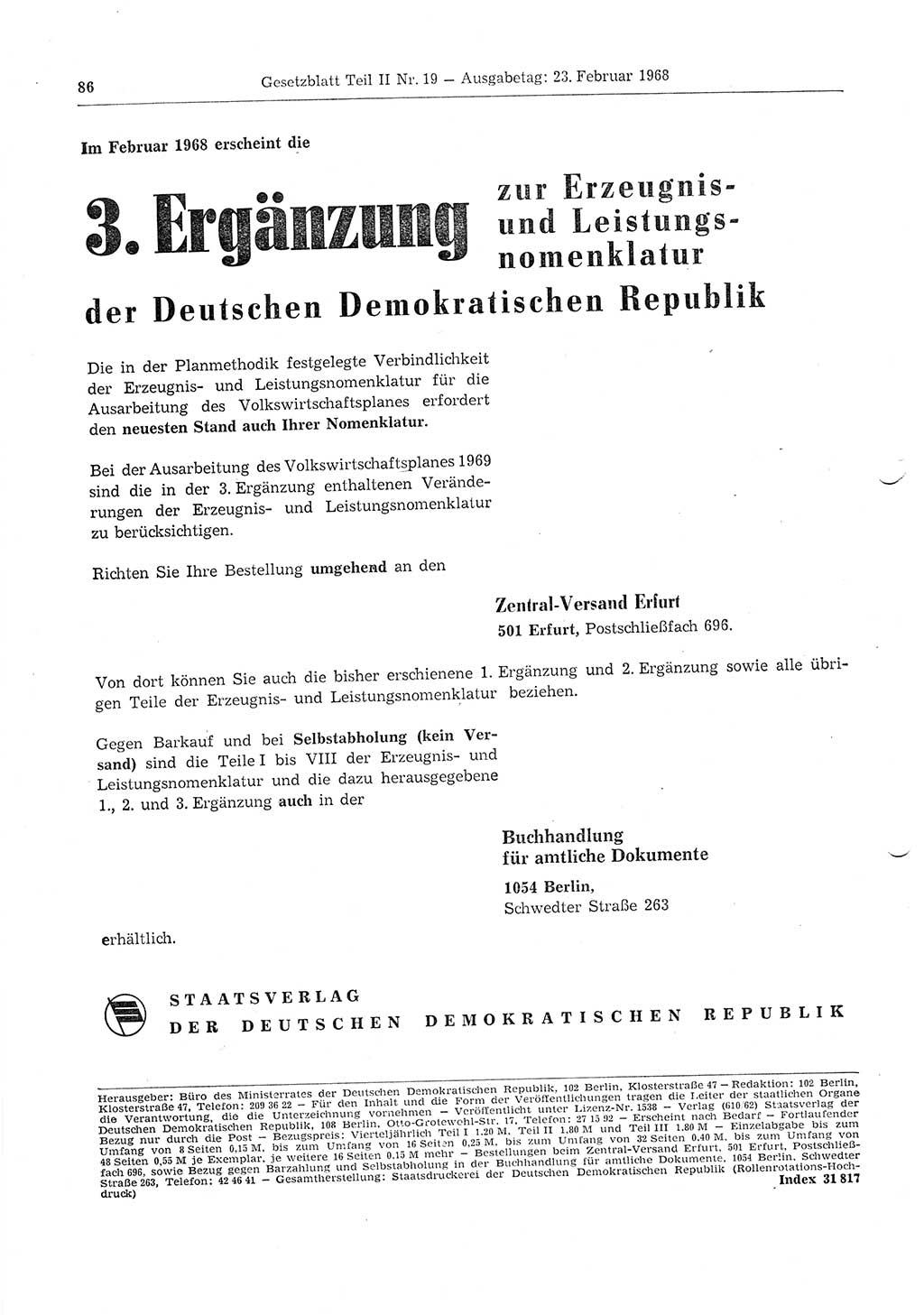 Gesetzblatt (GBl.) der Deutschen Demokratischen Republik (DDR) Teil ⅠⅠ 1968, Seite 86 (GBl. DDR ⅠⅠ 1968, S. 86)