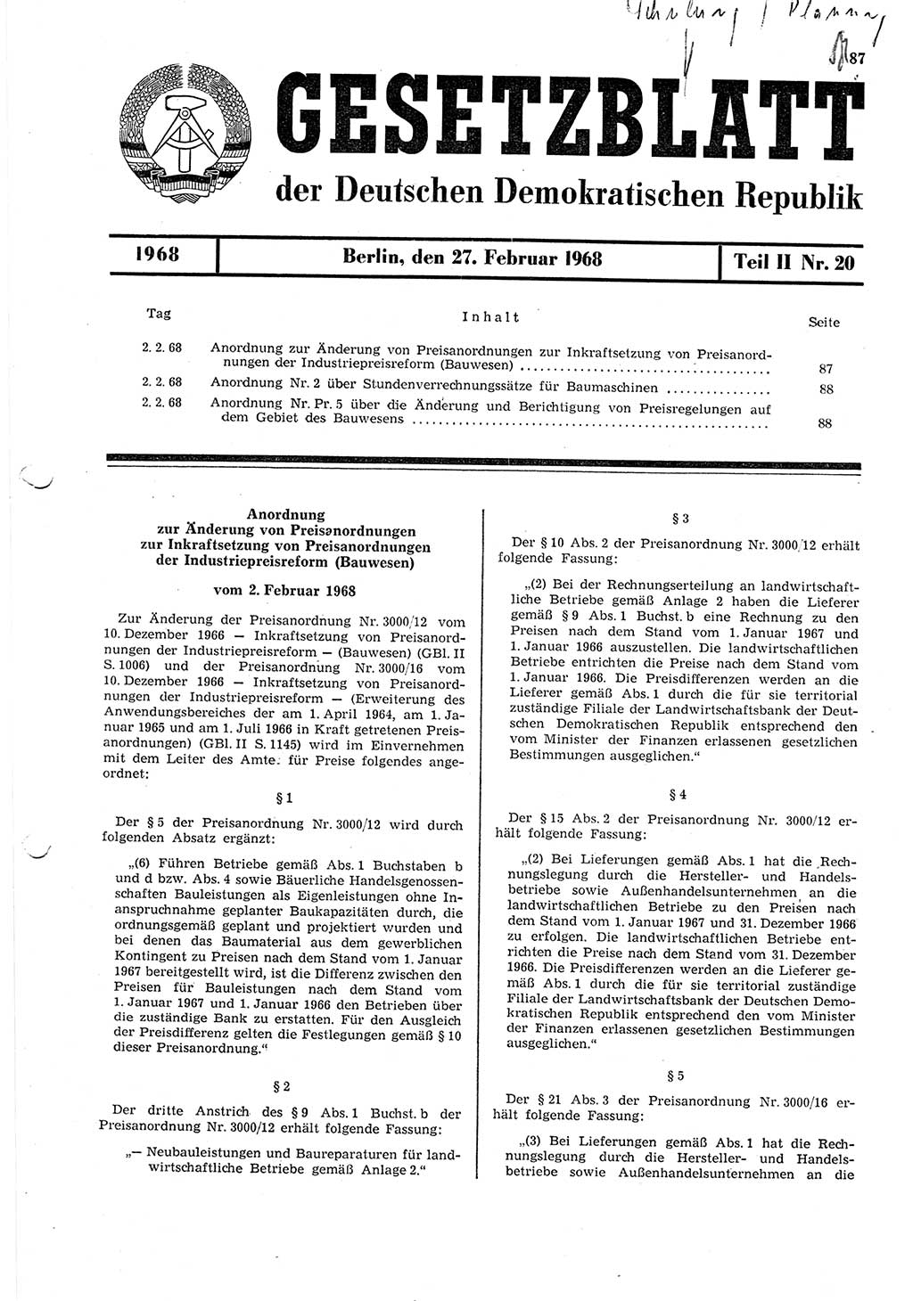 Gesetzblatt (GBl.) der Deutschen Demokratischen Republik (DDR) Teil ⅠⅠ 1968, Seite 87 (GBl. DDR ⅠⅠ 1968, S. 87)