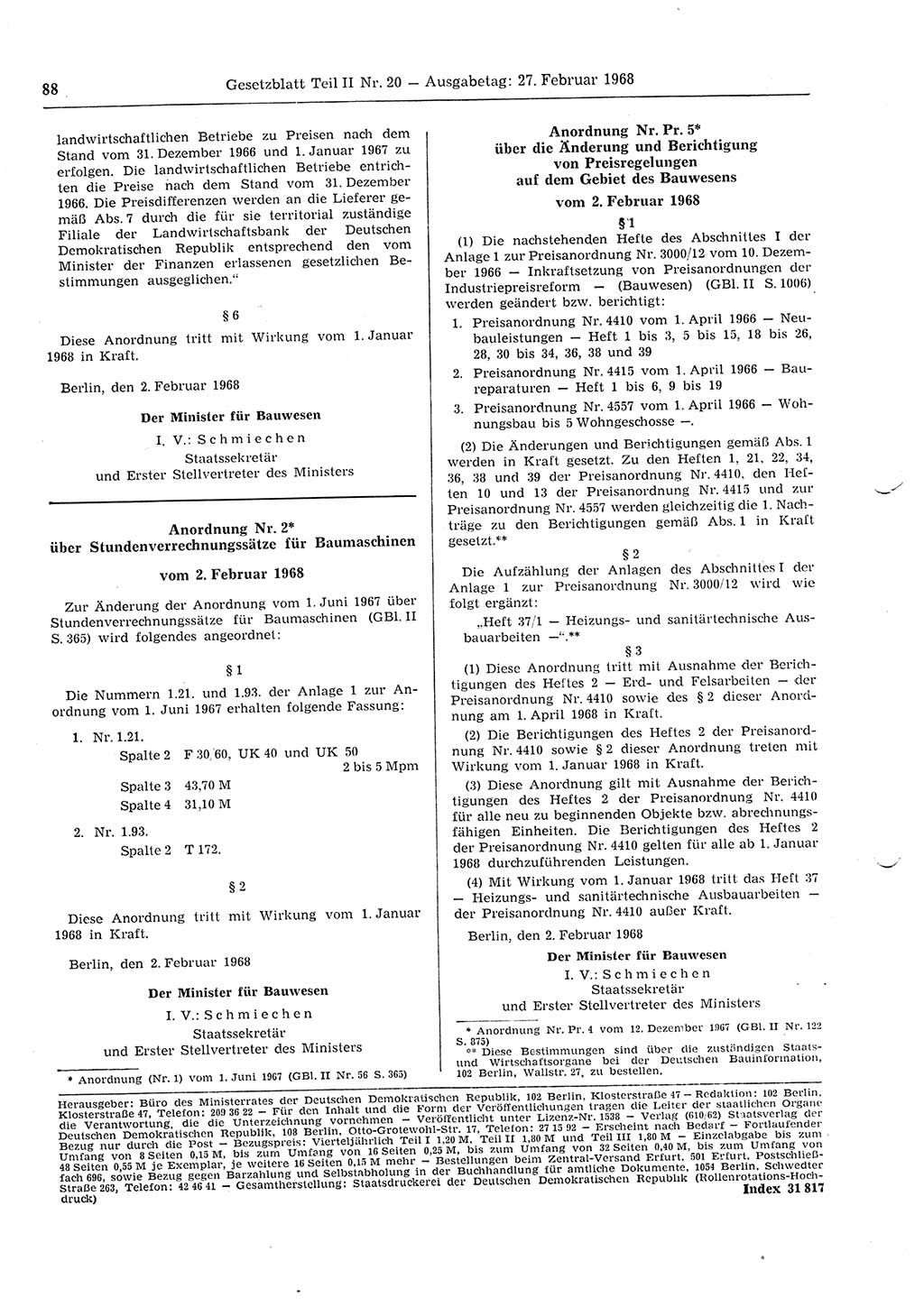 Gesetzblatt (GBl.) der Deutschen Demokratischen Republik (DDR) Teil ⅠⅠ 1968, Seite 88 (GBl. DDR ⅠⅠ 1968, S. 88)