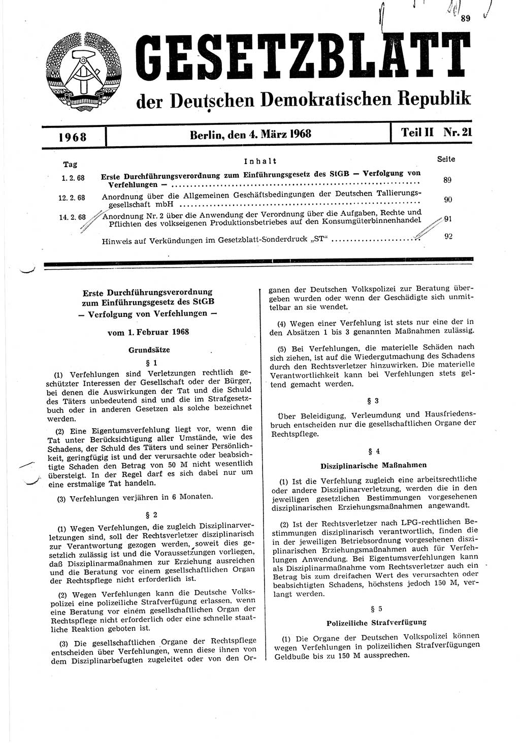 Gesetzblatt (GBl.) der Deutschen Demokratischen Republik (DDR) Teil ⅠⅠ 1968, Seite 89 (GBl. DDR ⅠⅠ 1968, S. 89)