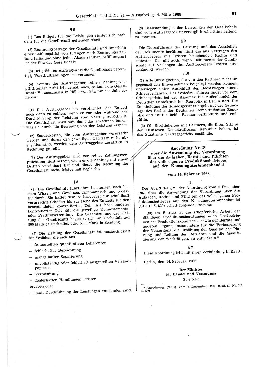 Gesetzblatt (GBl.) der Deutschen Demokratischen Republik (DDR) Teil ⅠⅠ 1968, Seite 91 (GBl. DDR ⅠⅠ 1968, S. 91)