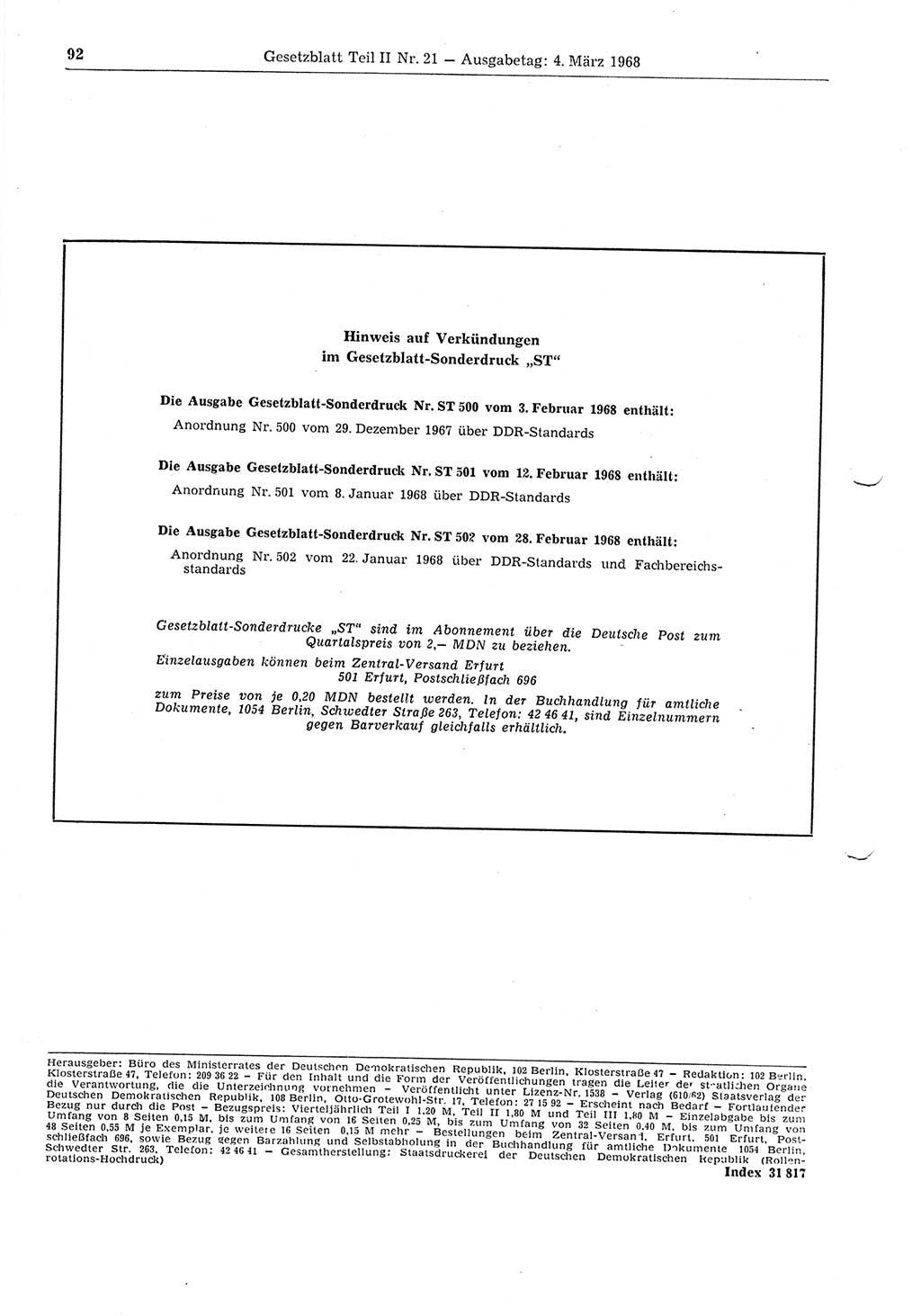 Gesetzblatt (GBl.) der Deutschen Demokratischen Republik (DDR) Teil ⅠⅠ 1968, Seite 92 (GBl. DDR ⅠⅠ 1968, S. 92)