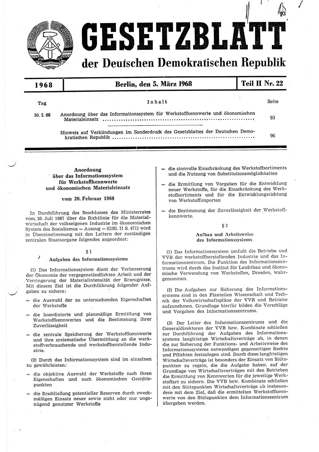 Gesetzblatt (GBl.) der Deutschen Demokratischen Republik (DDR) Teil ⅠⅠ 1968, Seite 93 (GBl. DDR ⅠⅠ 1968, S. 93)