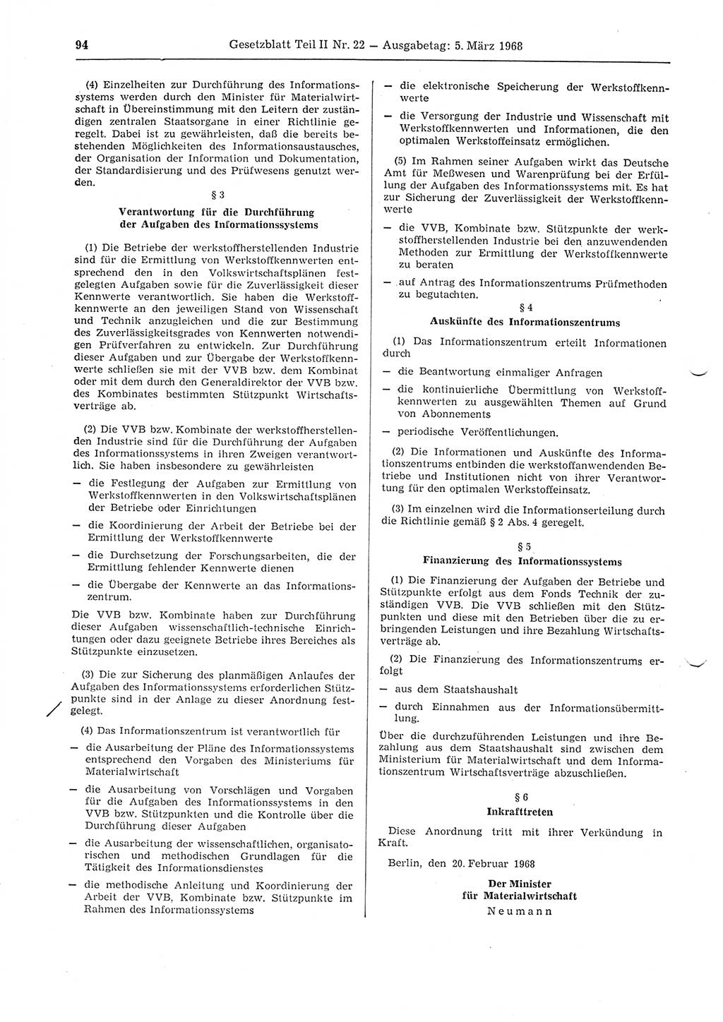 Gesetzblatt (GBl.) der Deutschen Demokratischen Republik (DDR) Teil ⅠⅠ 1968, Seite 94 (GBl. DDR ⅠⅠ 1968, S. 94)