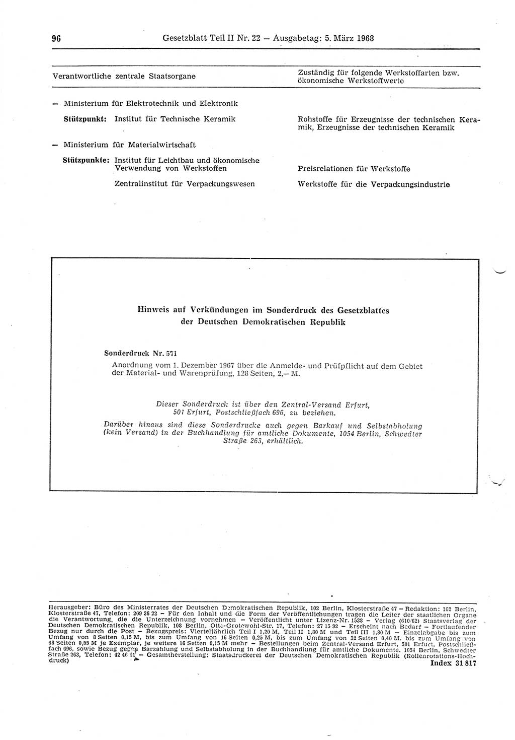 Gesetzblatt (GBl.) der Deutschen Demokratischen Republik (DDR) Teil ⅠⅠ 1968, Seite 96 (GBl. DDR ⅠⅠ 1968, S. 96)