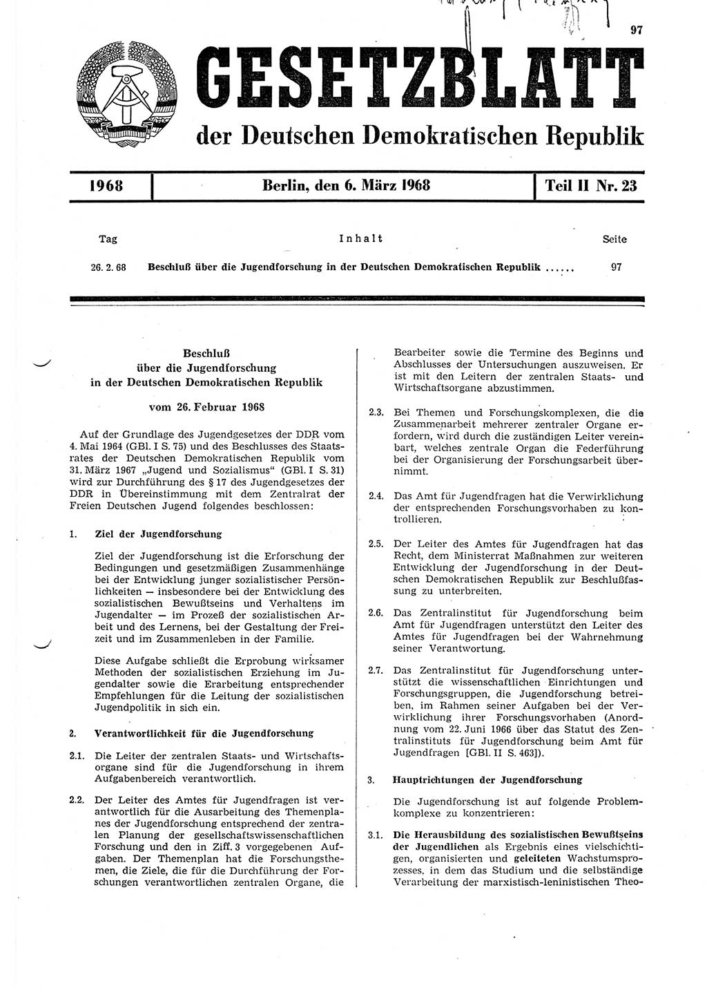 Gesetzblatt (GBl.) der Deutschen Demokratischen Republik (DDR) Teil ⅠⅠ 1968, Seite 97 (GBl. DDR ⅠⅠ 1968, S. 97)