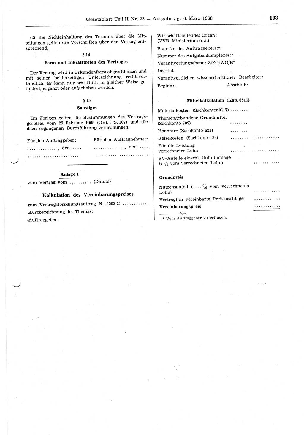 Gesetzblatt (GBl.) der Deutschen Demokratischen Republik (DDR) Teil ⅠⅠ 1968, Seite 103 (GBl. DDR ⅠⅠ 1968, S. 103)