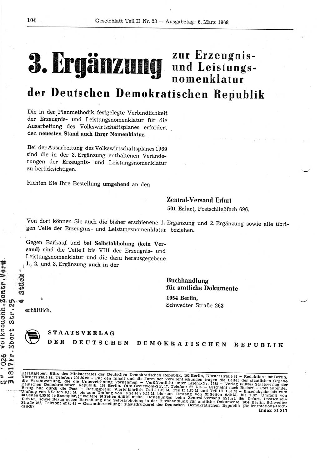 Gesetzblatt (GBl.) der Deutschen Demokratischen Republik (DDR) Teil ⅠⅠ 1968, Seite 104 (GBl. DDR ⅠⅠ 1968, S. 104)