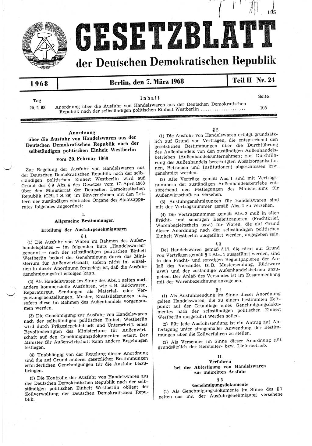 Gesetzblatt (GBl.) der Deutschen Demokratischen Republik (DDR) Teil ⅠⅠ 1968, Seite 105 (GBl. DDR ⅠⅠ 1968, S. 105)