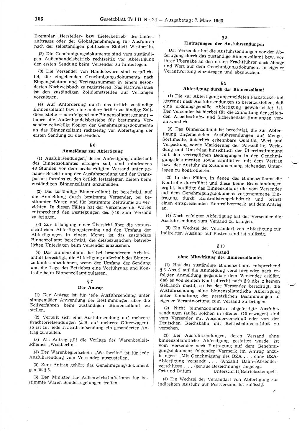 Gesetzblatt (GBl.) der Deutschen Demokratischen Republik (DDR) Teil ⅠⅠ 1968, Seite 106 (GBl. DDR ⅠⅠ 1968, S. 106)