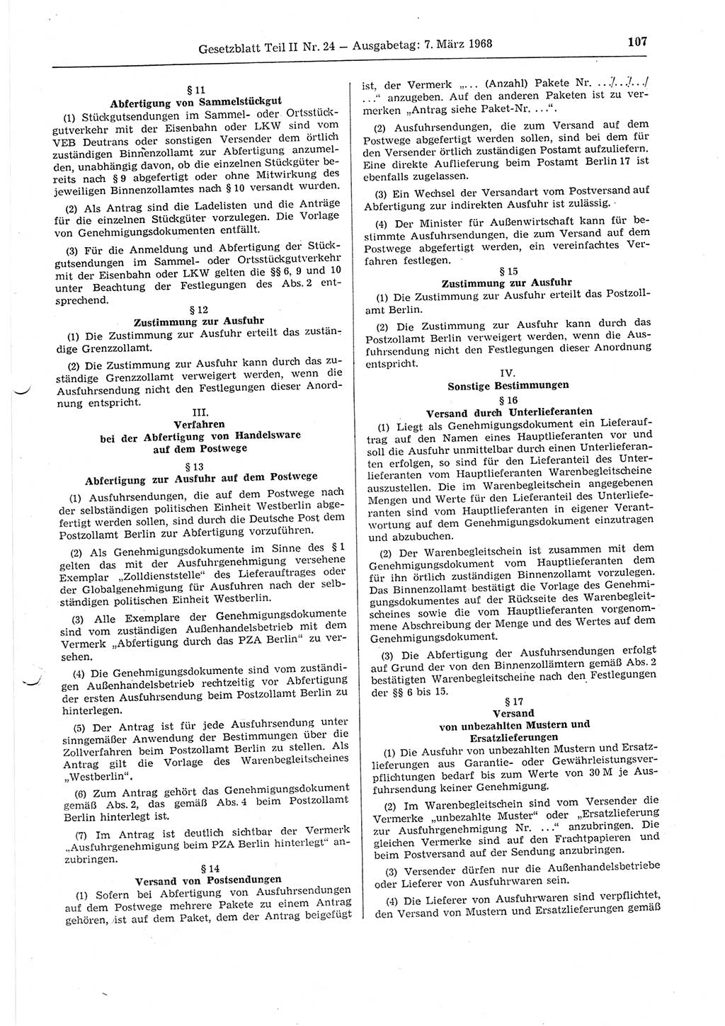 Gesetzblatt (GBl.) der Deutschen Demokratischen Republik (DDR) Teil ⅠⅠ 1968, Seite 107 (GBl. DDR ⅠⅠ 1968, S. 107)