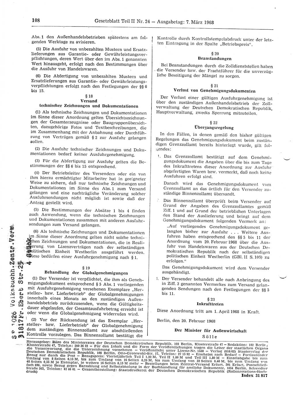 Gesetzblatt (GBl.) der Deutschen Demokratischen Republik (DDR) Teil ⅠⅠ 1968, Seite 108 (GBl. DDR ⅠⅠ 1968, S. 108)
