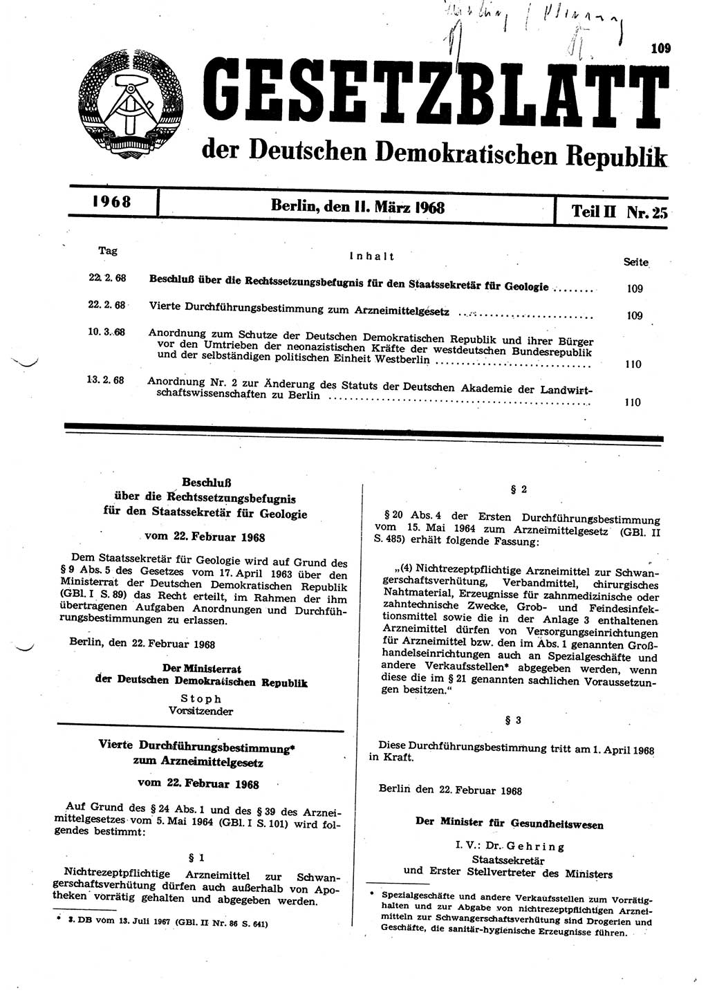 Gesetzblatt (GBl.) der Deutschen Demokratischen Republik (DDR) Teil ⅠⅠ 1968, Seite 109 (GBl. DDR ⅠⅠ 1968, S. 109)