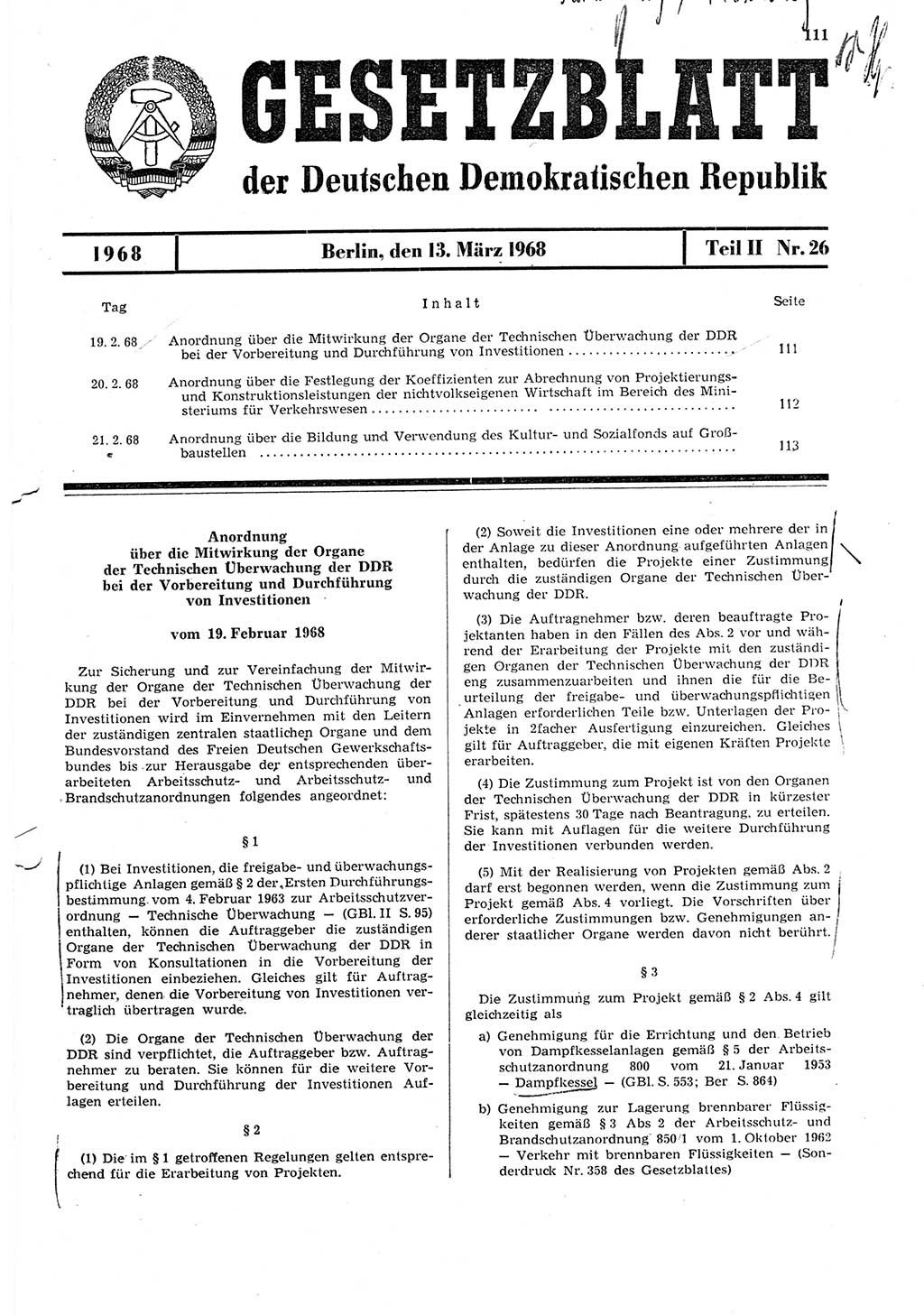 Gesetzblatt (GBl.) der Deutschen Demokratischen Republik (DDR) Teil ⅠⅠ 1968, Seite 111 (GBl. DDR ⅠⅠ 1968, S. 111)