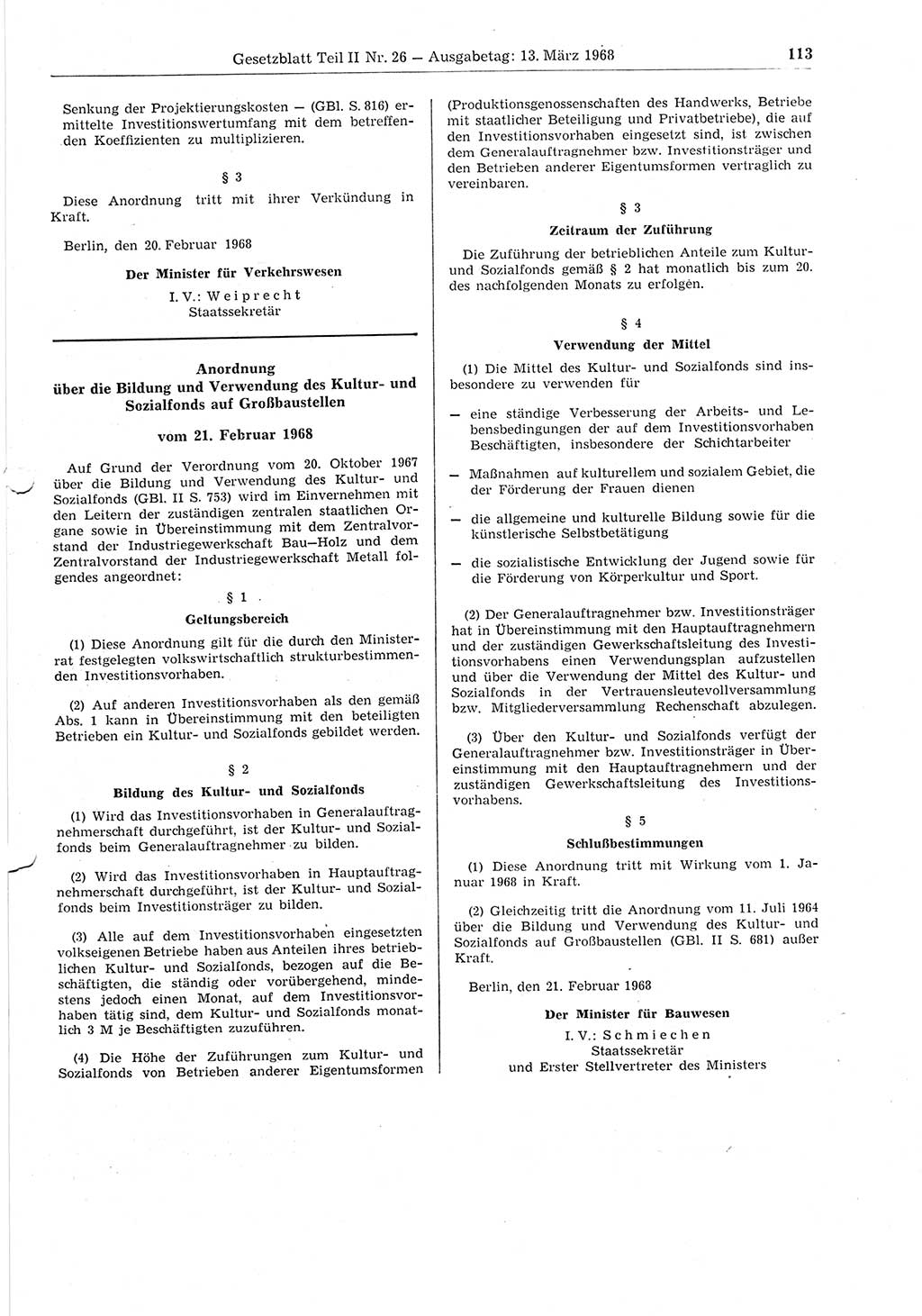 Gesetzblatt (GBl.) der Deutschen Demokratischen Republik (DDR) Teil ⅠⅠ 1968, Seite 113 (GBl. DDR ⅠⅠ 1968, S. 113)