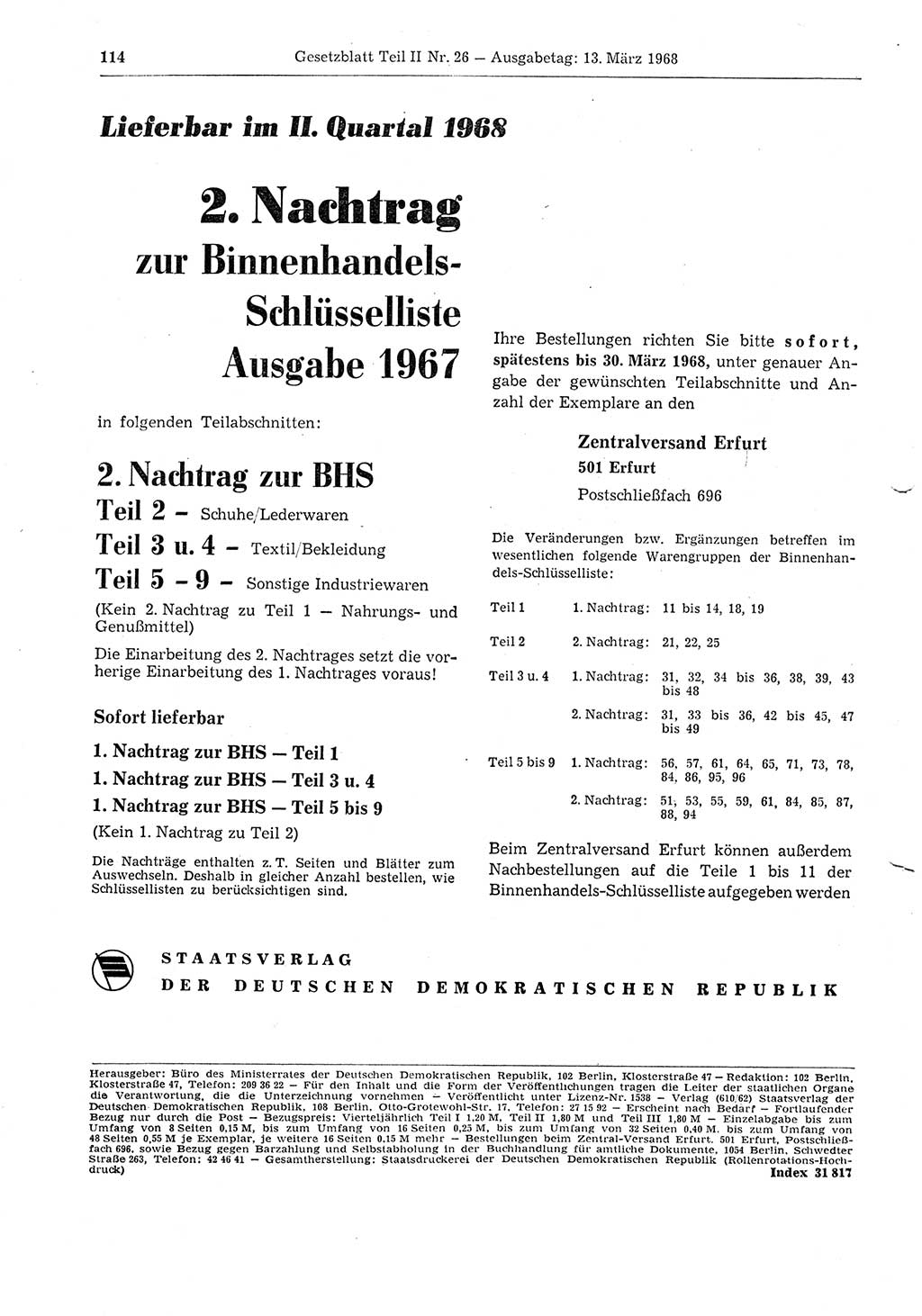 Gesetzblatt (GBl.) der Deutschen Demokratischen Republik (DDR) Teil ⅠⅠ 1968, Seite 114 (GBl. DDR ⅠⅠ 1968, S. 114)