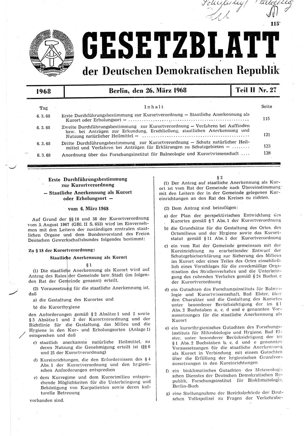 Gesetzblatt (GBl.) der Deutschen Demokratischen Republik (DDR) Teil ⅠⅠ 1968, Seite 115 (GBl. DDR ⅠⅠ 1968, S. 115)