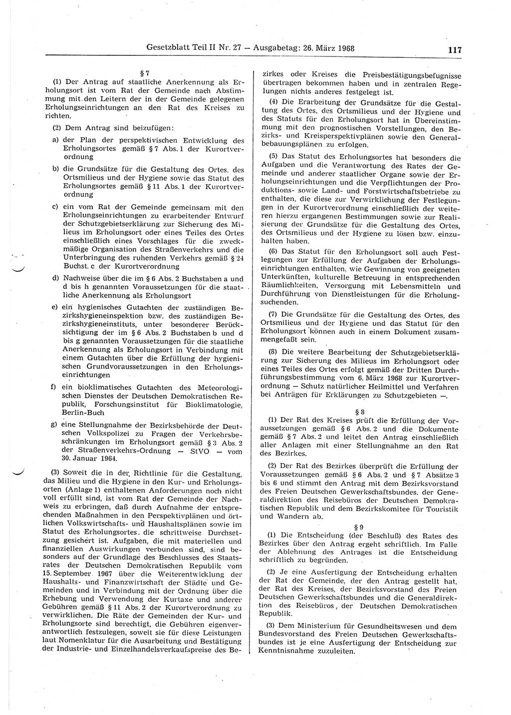 Gesetzblatt (GBl.) der Deutschen Demokratischen Republik (DDR) Teil ⅠⅠ 1968, Seite 117 (GBl. DDR ⅠⅠ 1968, S. 117)