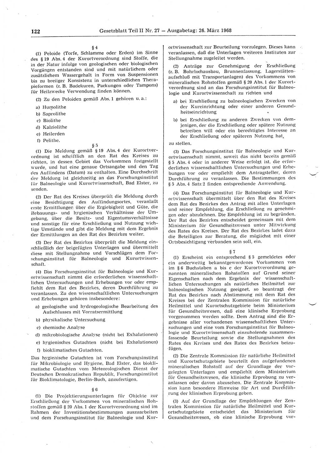 Gesetzblatt (GBl.) der Deutschen Demokratischen Republik (DDR) Teil ⅠⅠ 1968, Seite 122 (GBl. DDR ⅠⅠ 1968, S. 122)