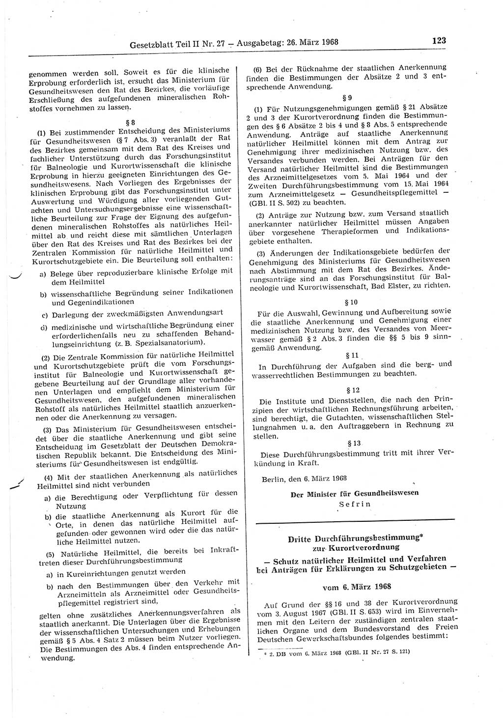 Gesetzblatt (GBl.) der Deutschen Demokratischen Republik (DDR) Teil ⅠⅠ 1968, Seite 123 (GBl. DDR ⅠⅠ 1968, S. 123)
