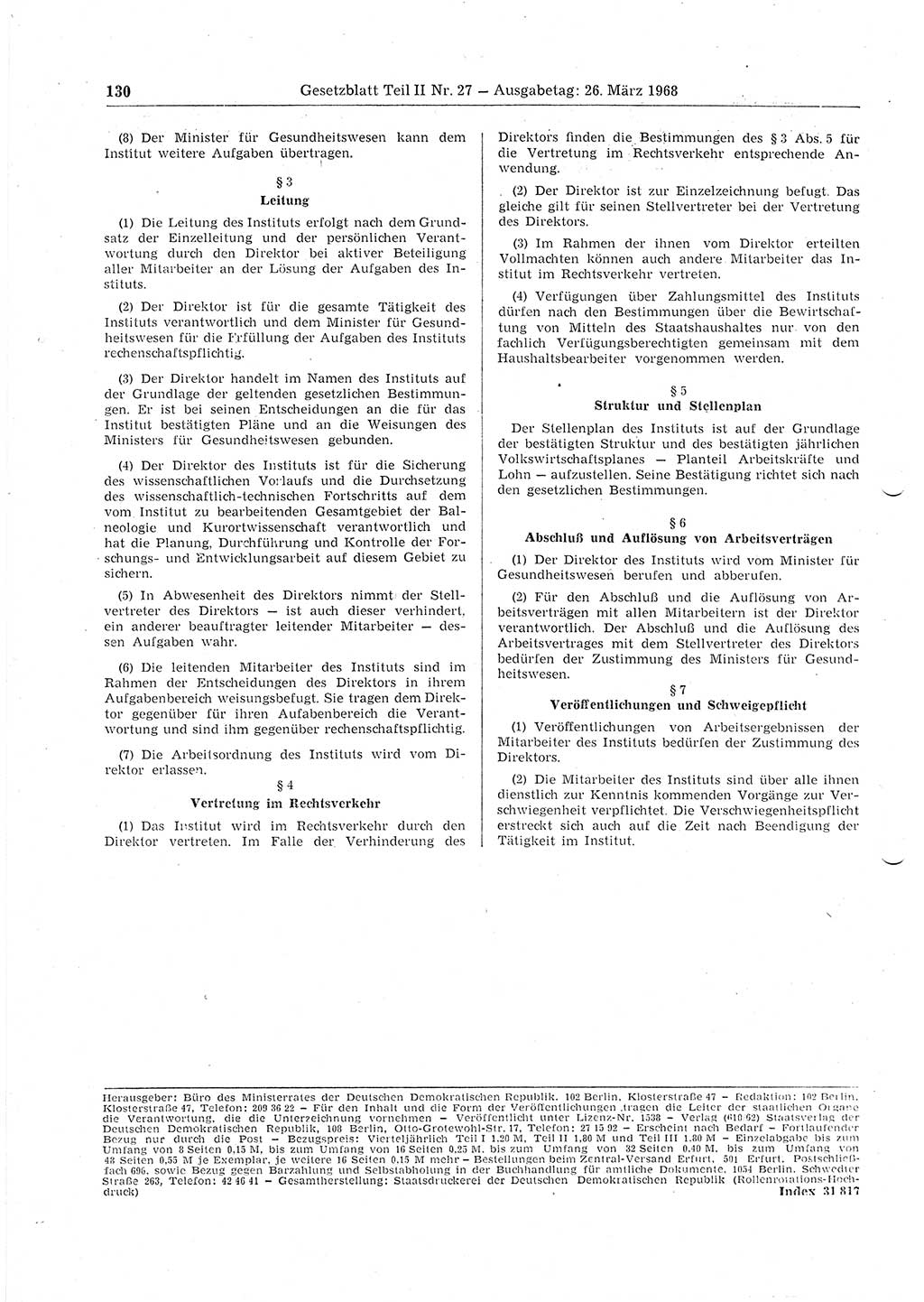Gesetzblatt (GBl.) der Deutschen Demokratischen Republik (DDR) Teil ⅠⅠ 1968, Seite 130 (GBl. DDR ⅠⅠ 1968, S. 130)
