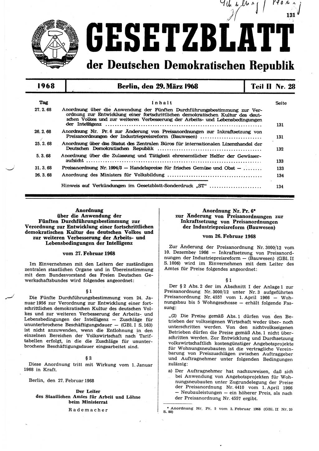 Gesetzblatt (GBl.) der Deutschen Demokratischen Republik (DDR) Teil ⅠⅠ 1968, Seite 131 (GBl. DDR ⅠⅠ 1968, S. 131)