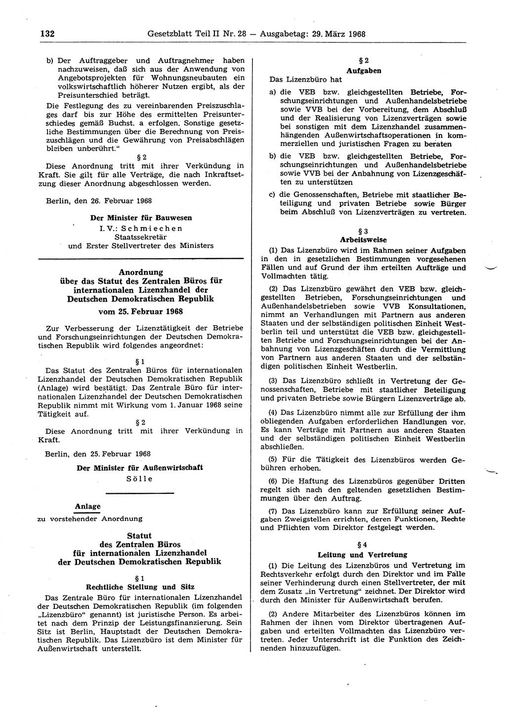 Gesetzblatt (GBl.) der Deutschen Demokratischen Republik (DDR) Teil ⅠⅠ 1968, Seite 132 (GBl. DDR ⅠⅠ 1968, S. 132)