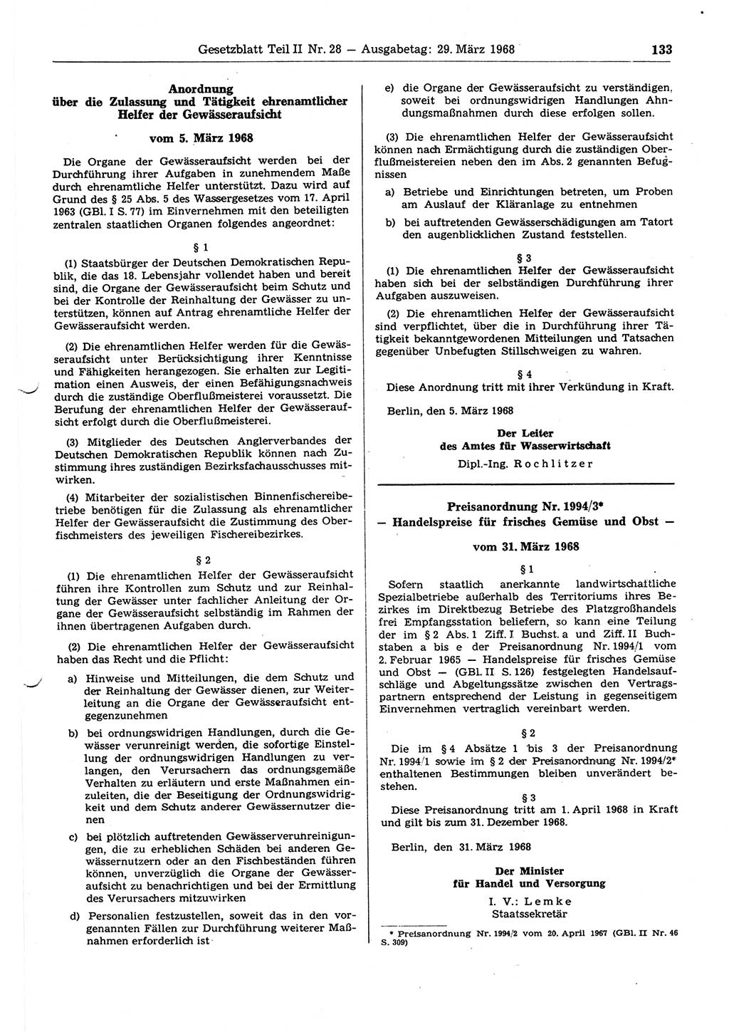 Gesetzblatt (GBl.) der Deutschen Demokratischen Republik (DDR) Teil ⅠⅠ 1968, Seite 133 (GBl. DDR ⅠⅠ 1968, S. 133)